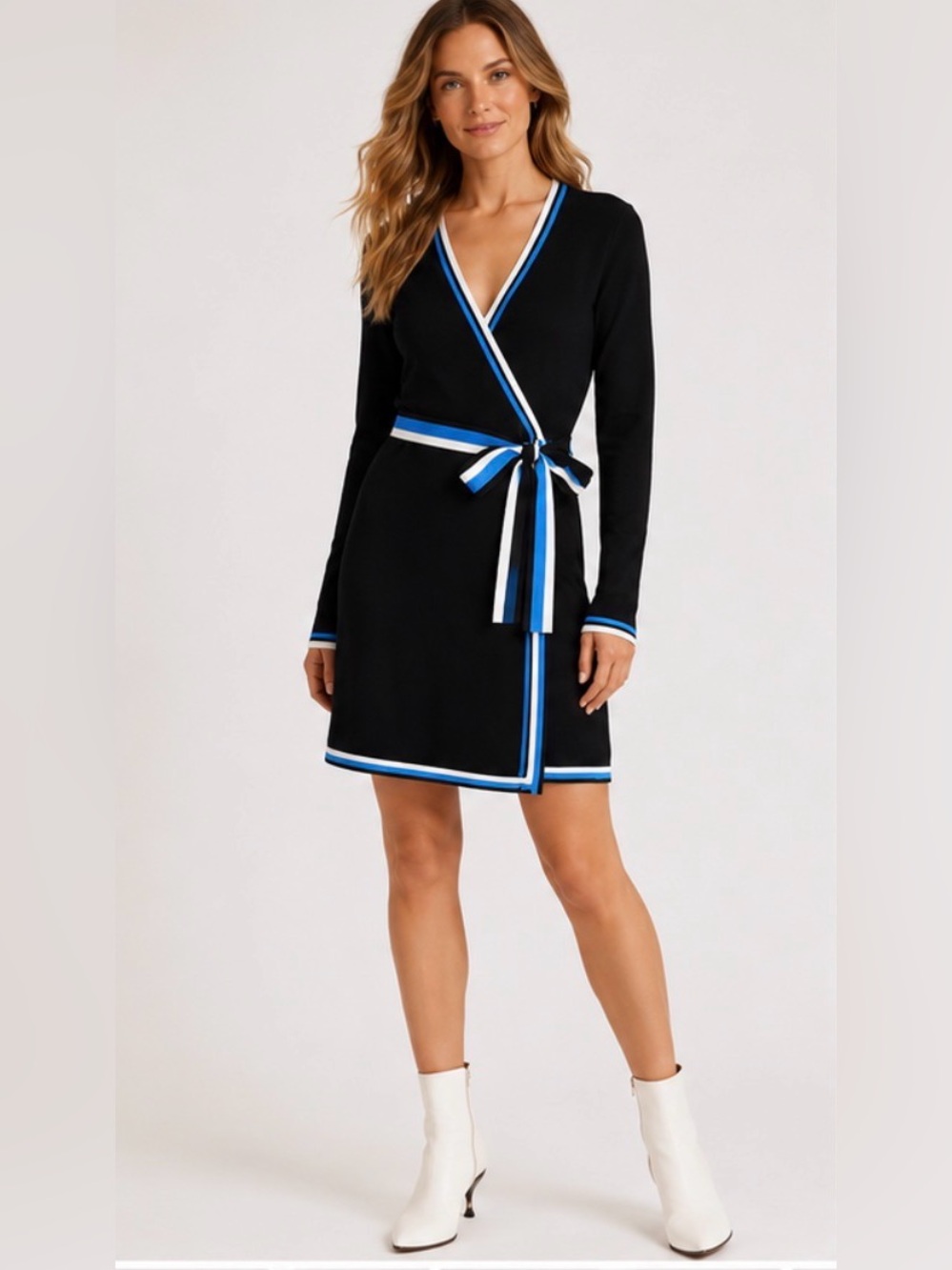 Diane von Furstenberg Black Wrap Knit Dress Blue Trim Size L